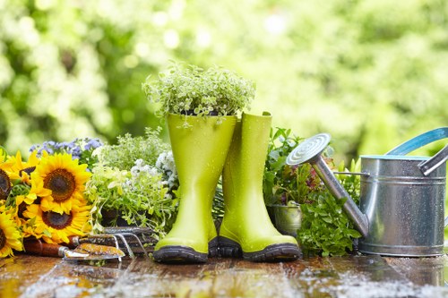 A pair of bright green rubber gardening boots are positioned on a wooden outdoor table, filled with small white flowering plants. Surrounding the boots are various potted plants including yellow sunflowers and other green foliage, creating a vibrant and natural gardening scene. To the right of the boots, there's a silver metal watering can with a blue handle and a detachable spout, alongside a garden fork with a wooden handle resting partly on the table. The background features a blurred view of lush green trees and bushes, suggesting an outdoor garden environment, with natural sunlight illuminating the scene and highlighting the healthy, thriving plants. This setup reflects a well-maintained, flourishing garden space typical of gardening services in Leytonstone, with focus on plant care, outdoor maintenance, and sustainability practices. The overall composition emphasizes the tools, plants, and environment associated with professional gardening and sustainable outdoor care in the local area.